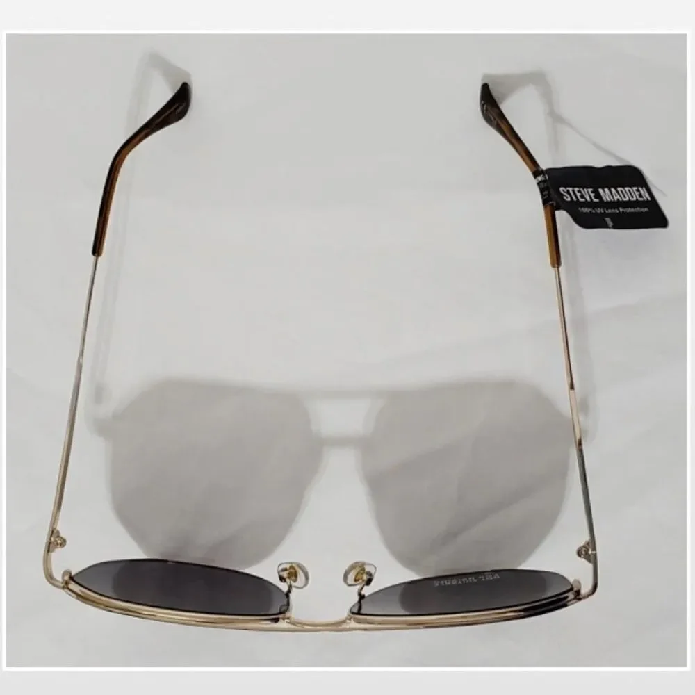 New Steve Madden Sunglasses Logo Printed Mirrored Aviators Black Gold NWT - Picture 12 of 16